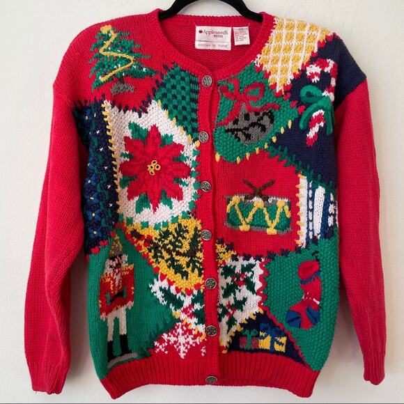 Appleseed’s Hand Knitted Ugly Christmas Sweater Cardigan Size Petite S - Picture 1 of 6